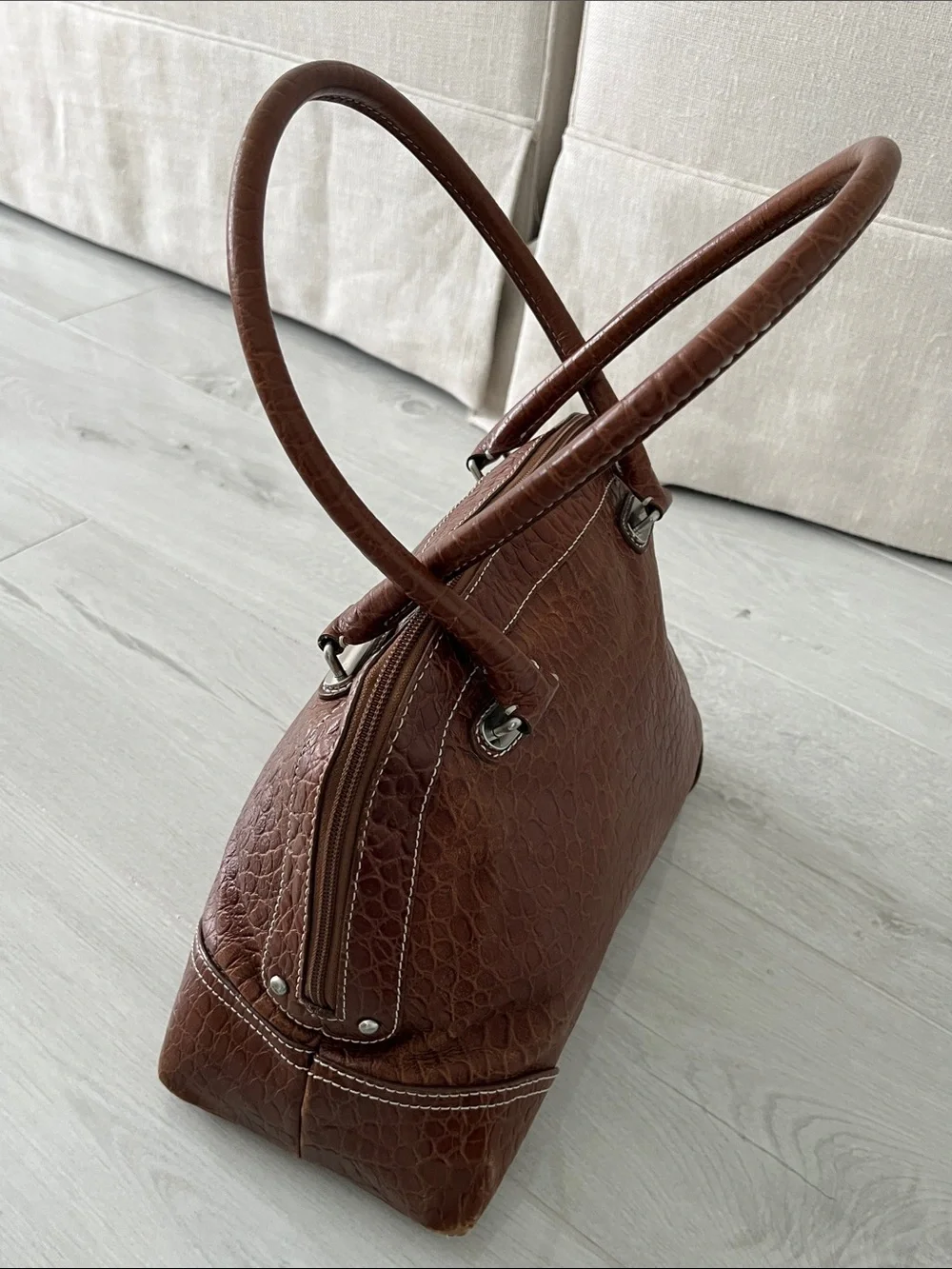 Brown Croc-Embossed Leather Top-Handle Bag from Talbots